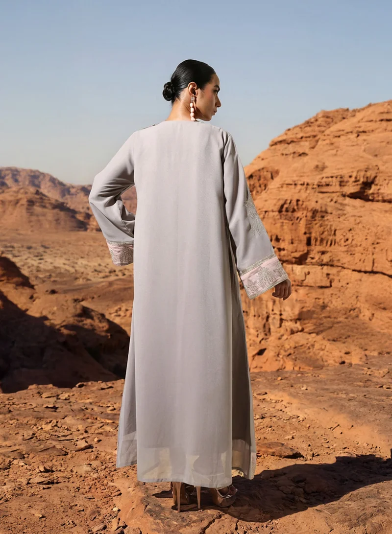 Ishin  Grey Zari Embroidered Colourblock Abaya for Women | Best Price UAE